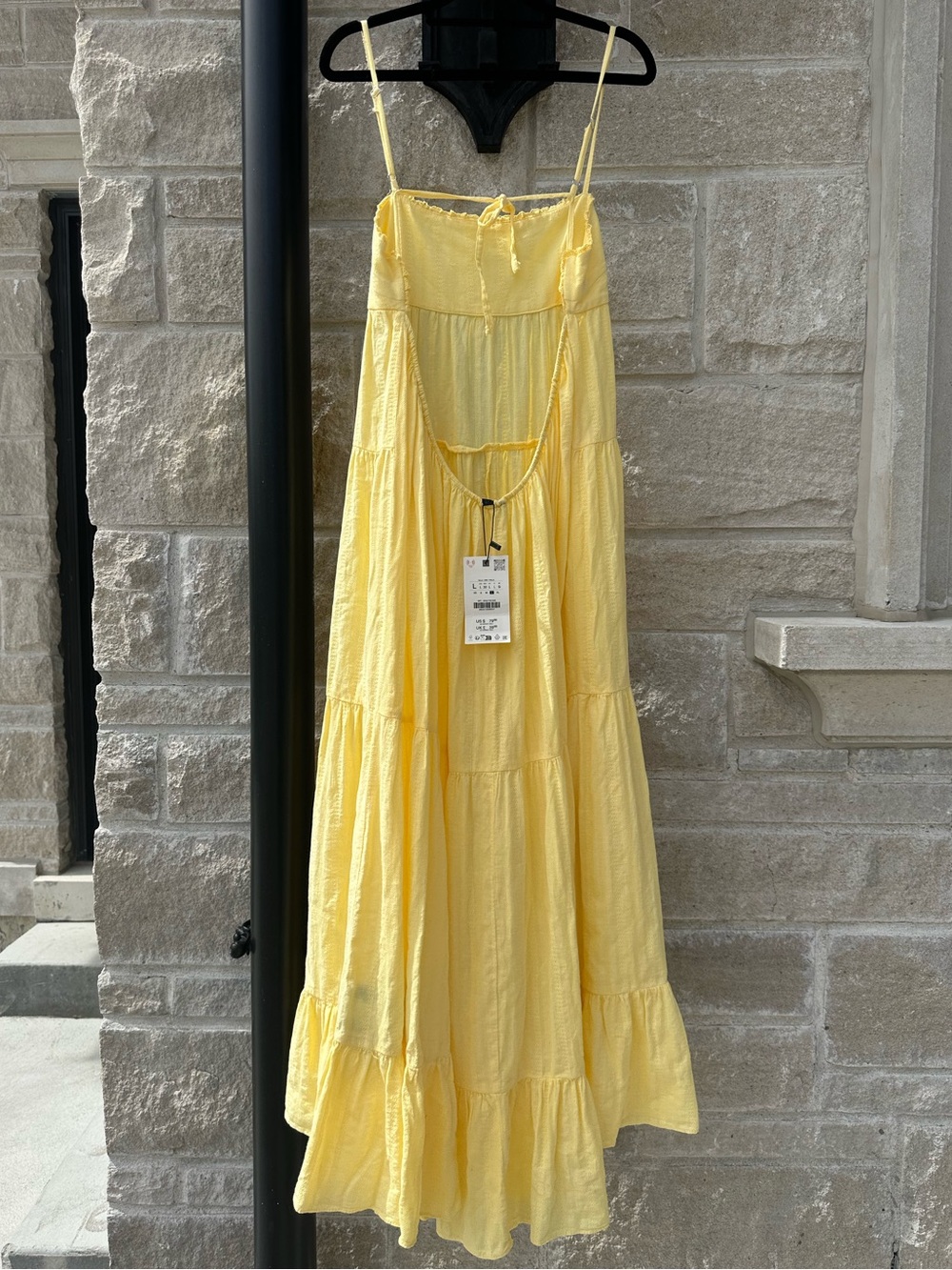 Zara NWT Romantic Resort Vacation Yellow Open Back Tie Up Tiered Maxi Dress (XL) - Picture 7 of 9